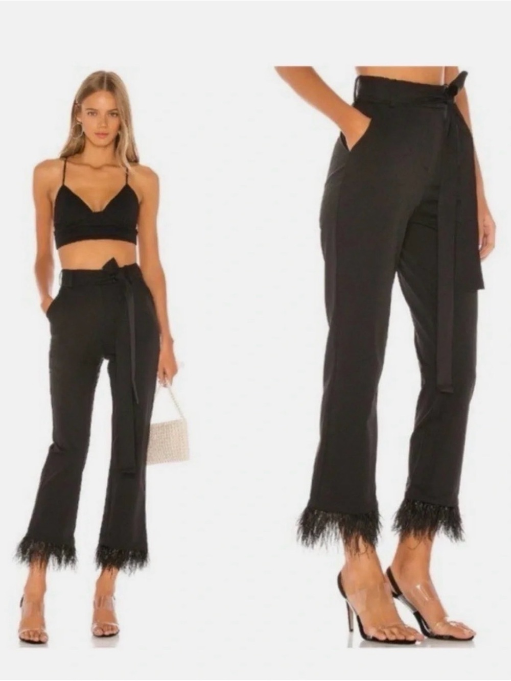 Revolve NBD Shane Trouser Black Feather Trim Pants NWT Mob Wife M